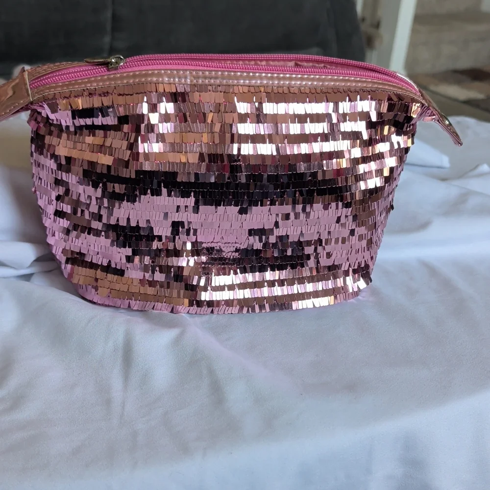 Pink Sequin Cosmetic Bag with Zip Closure